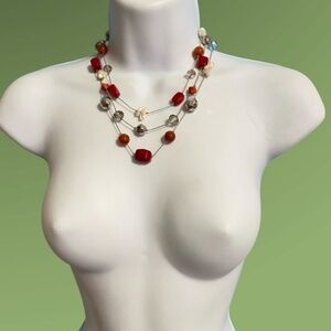 Silver Tone Glass Beads & Natural Shell Beads Sparkly Layered Necklace